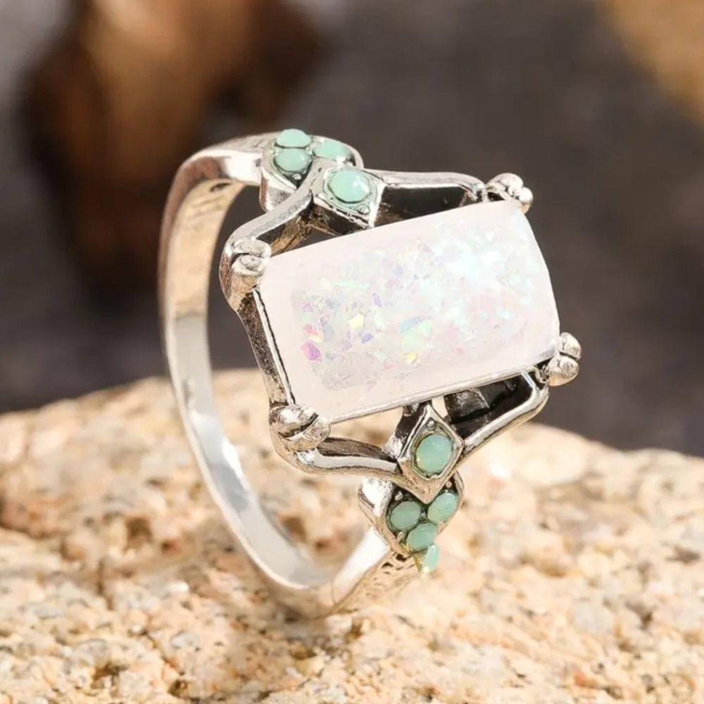Rectangle White Opal Antique Silver Rings - Picture 1 of 12